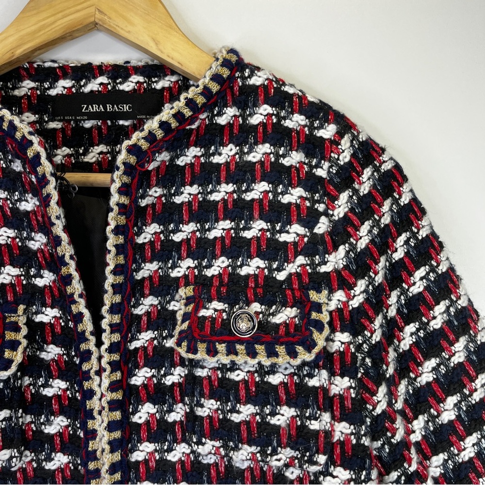 Zara Blogger Favorite textured tweed collarless jacket red & navy - Small - Picture 4 of 12